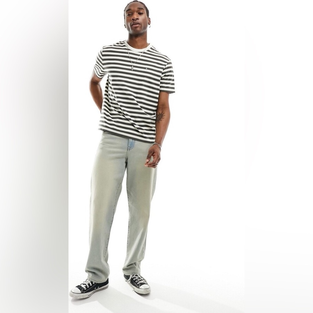 AllSaints Barrett short sleeve crew neck T-shirt in white and grey stripe - Picture 2 of 7